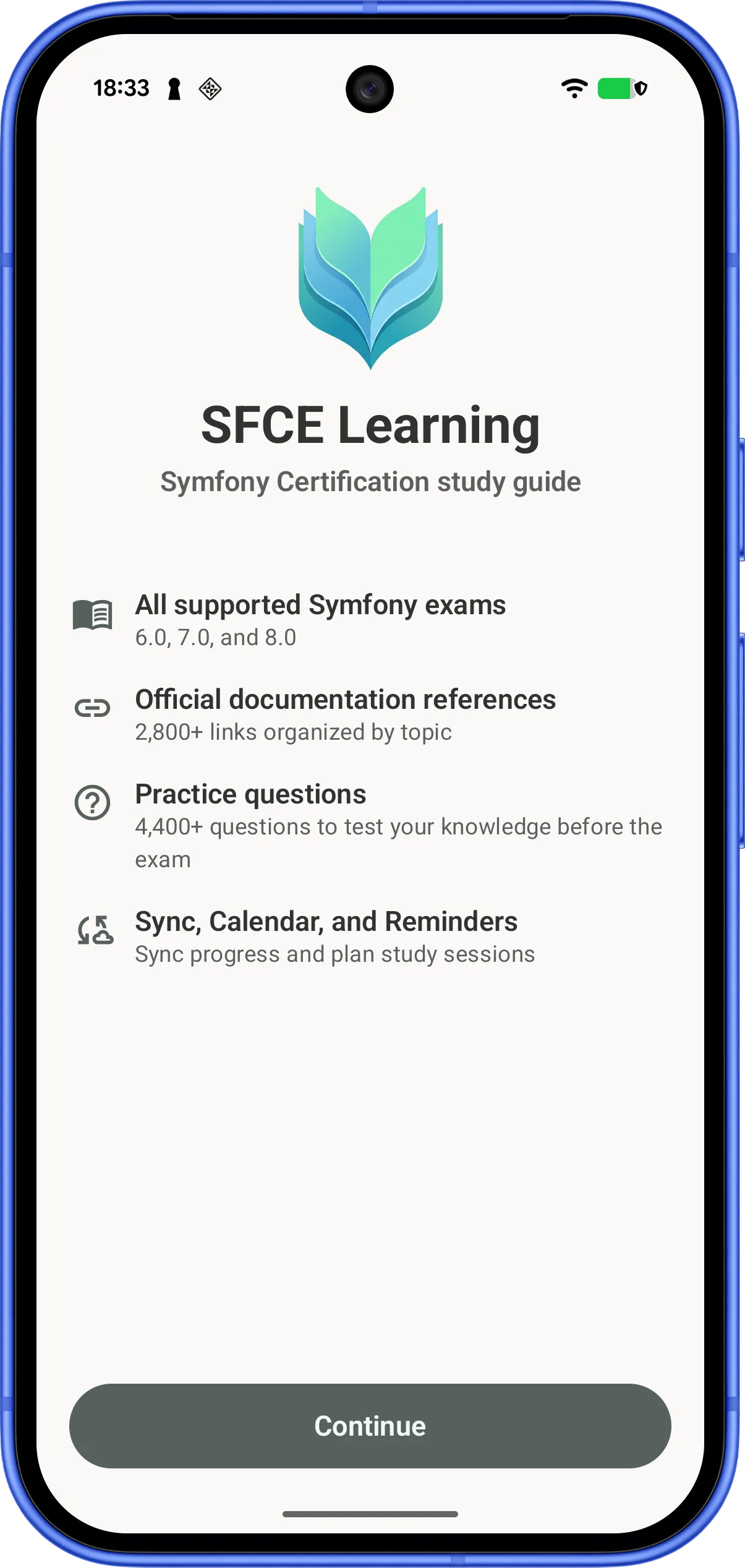 SFCE Learning on Android (Pixel) showing the topic list