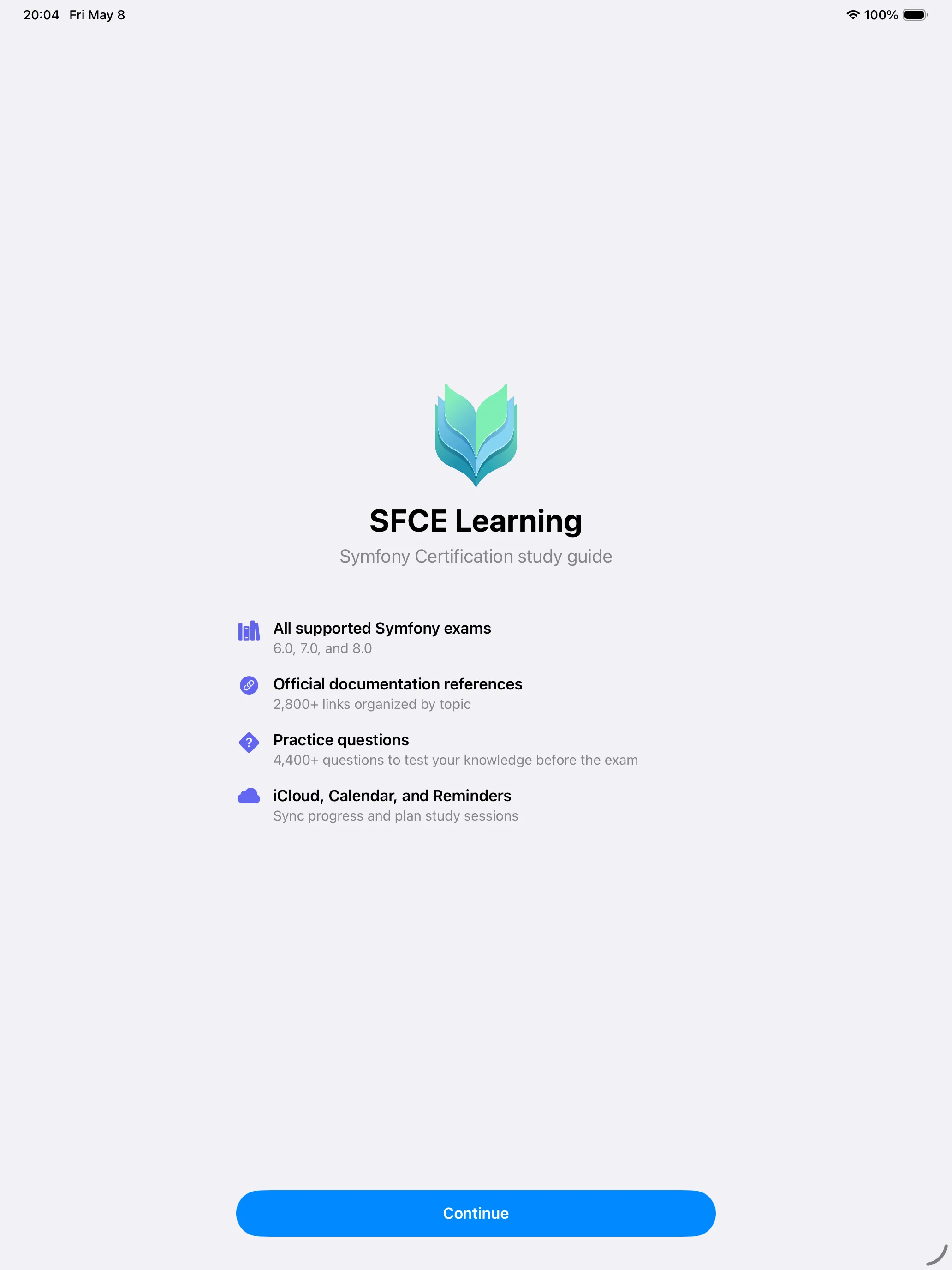 SFCE Learning on iPad showing the topic list