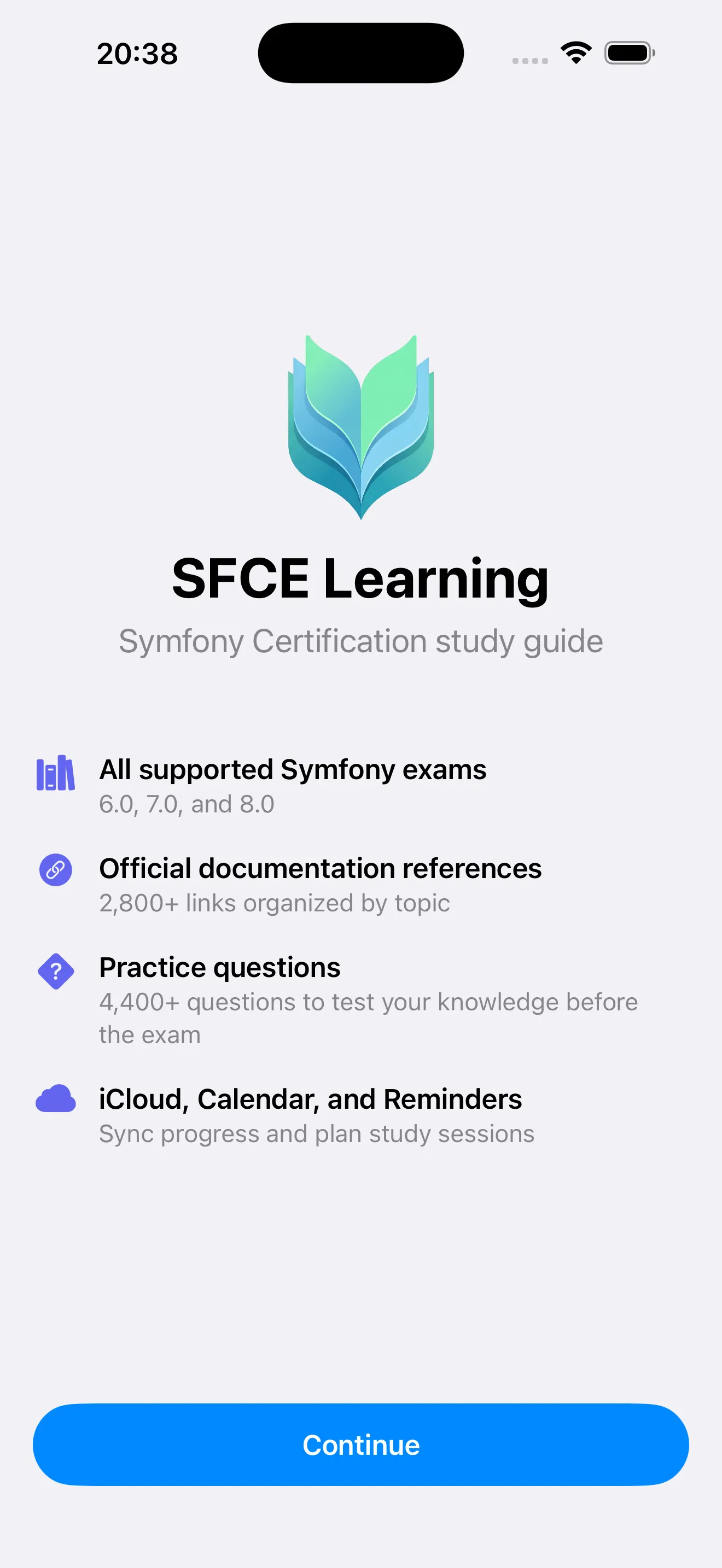SFCE Learning on iPhone showing the topic list