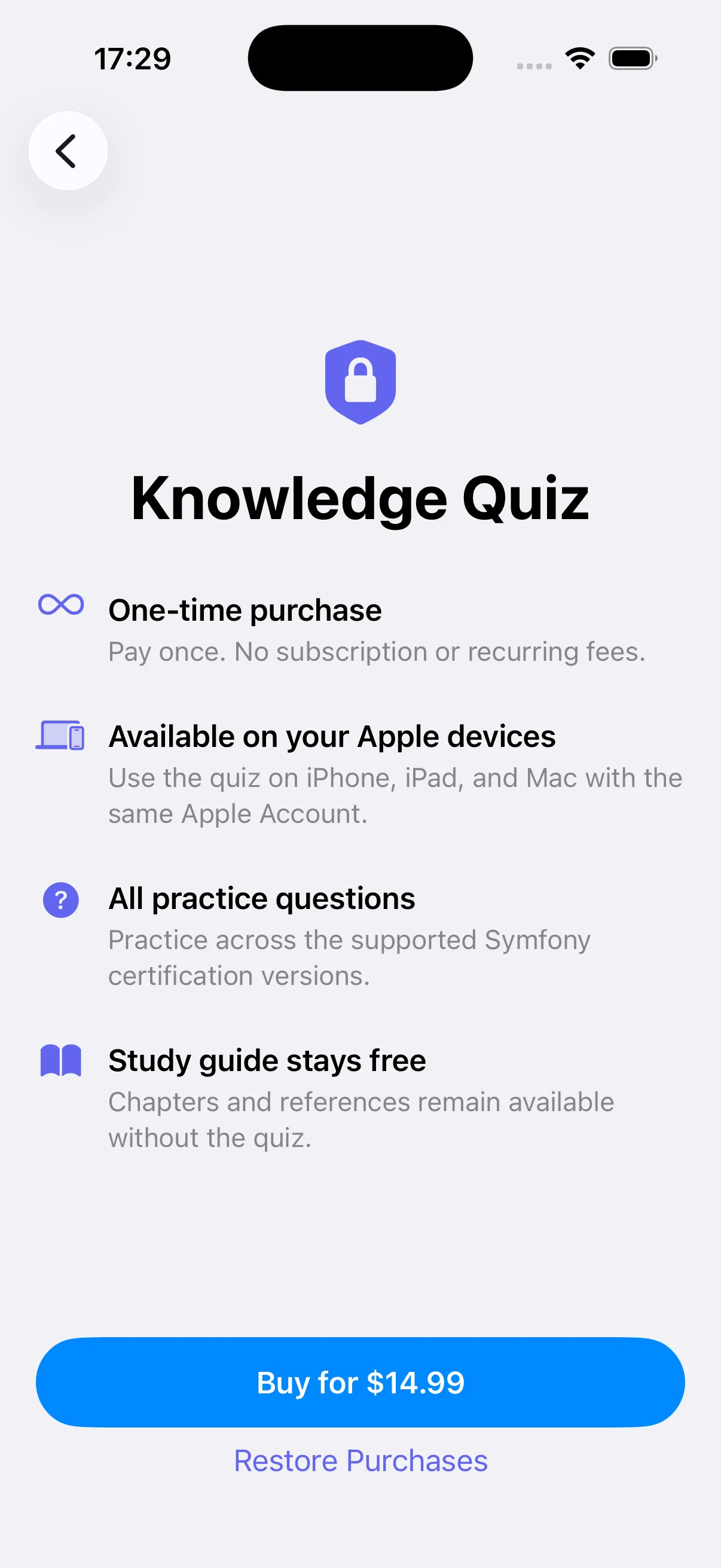 SFCE Learning paywall on iPhone showing lifetime in-app purchase