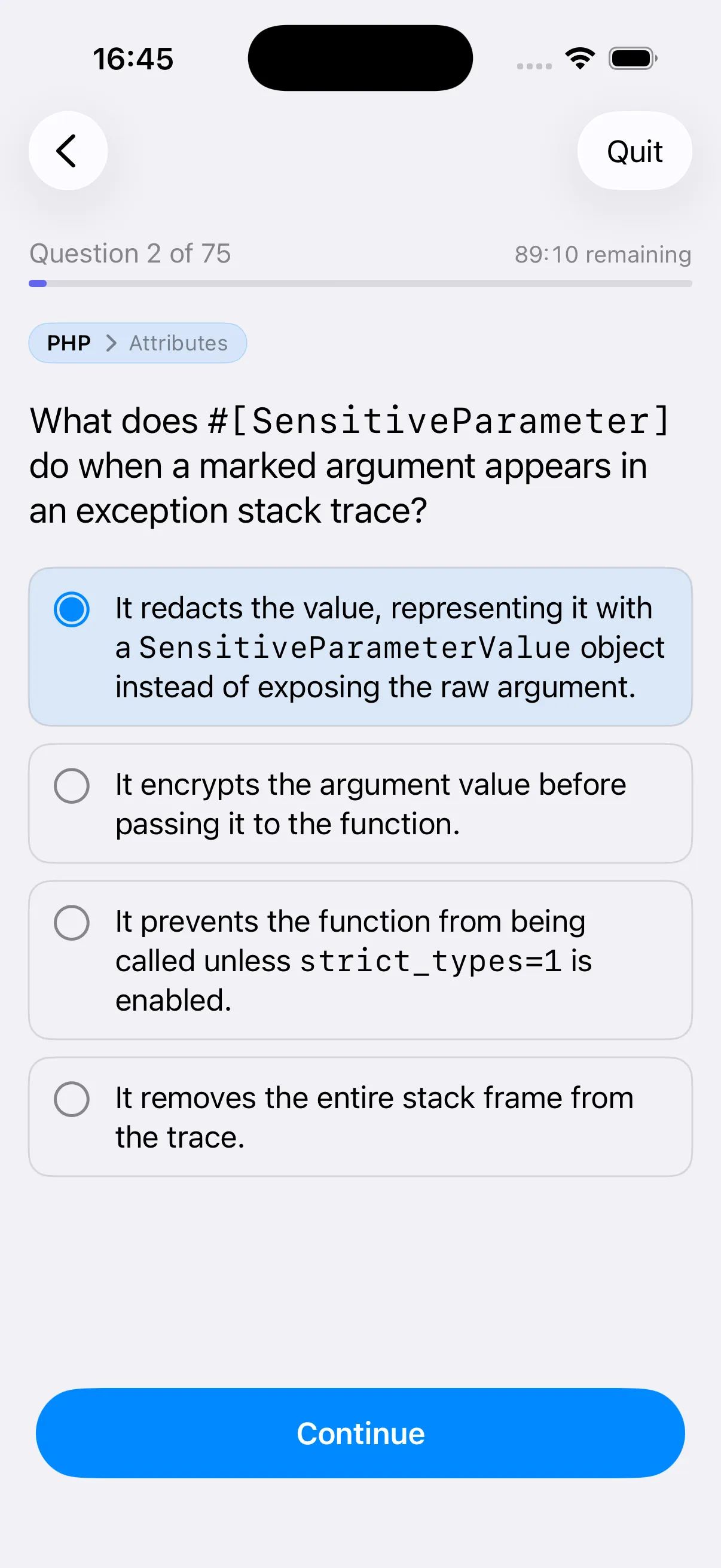Quiz question screen on iPhone