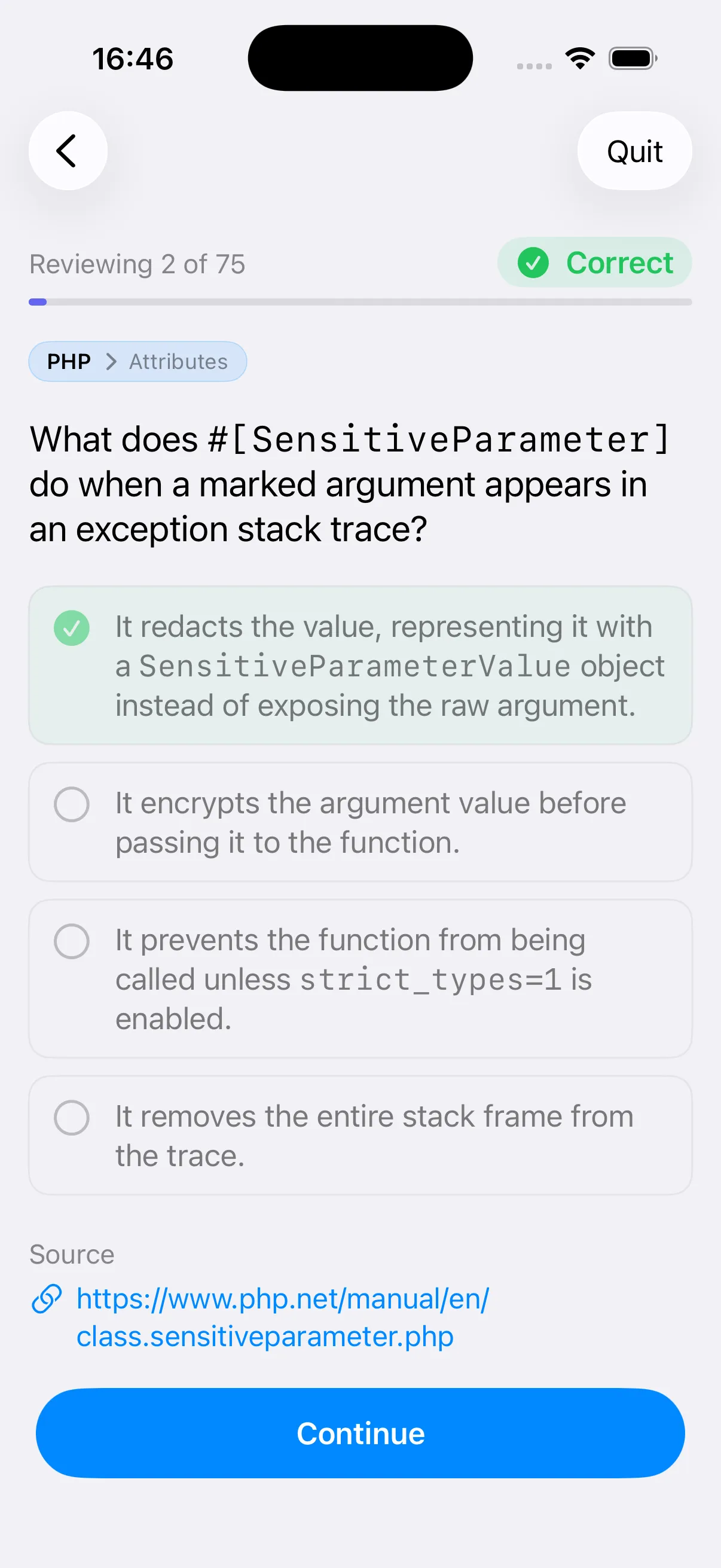 Quiz review screen on iPhone showing correct and incorrect answers