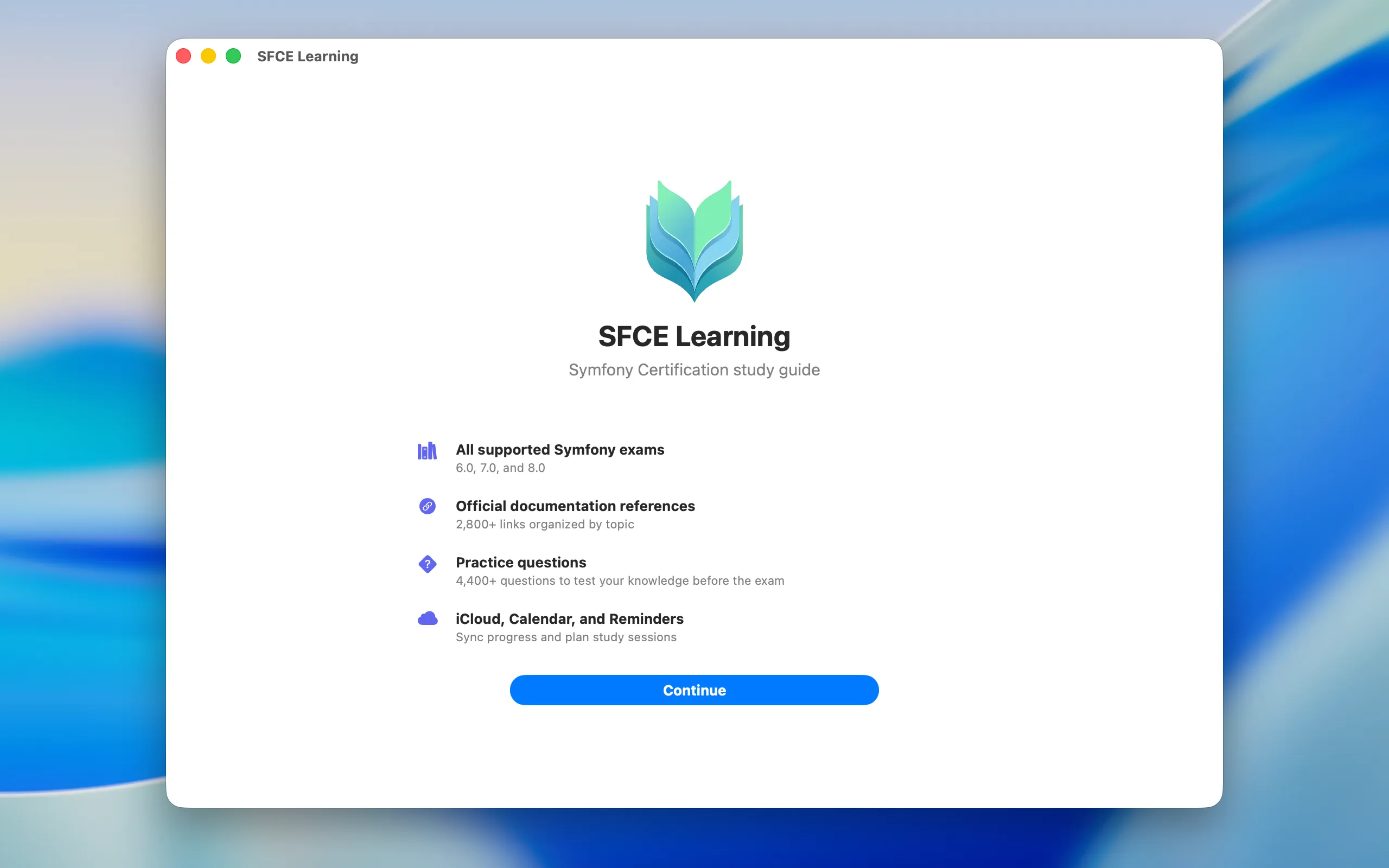 SFCE Learning app running on macOS, showing the Symfony 8.0 topics home screen