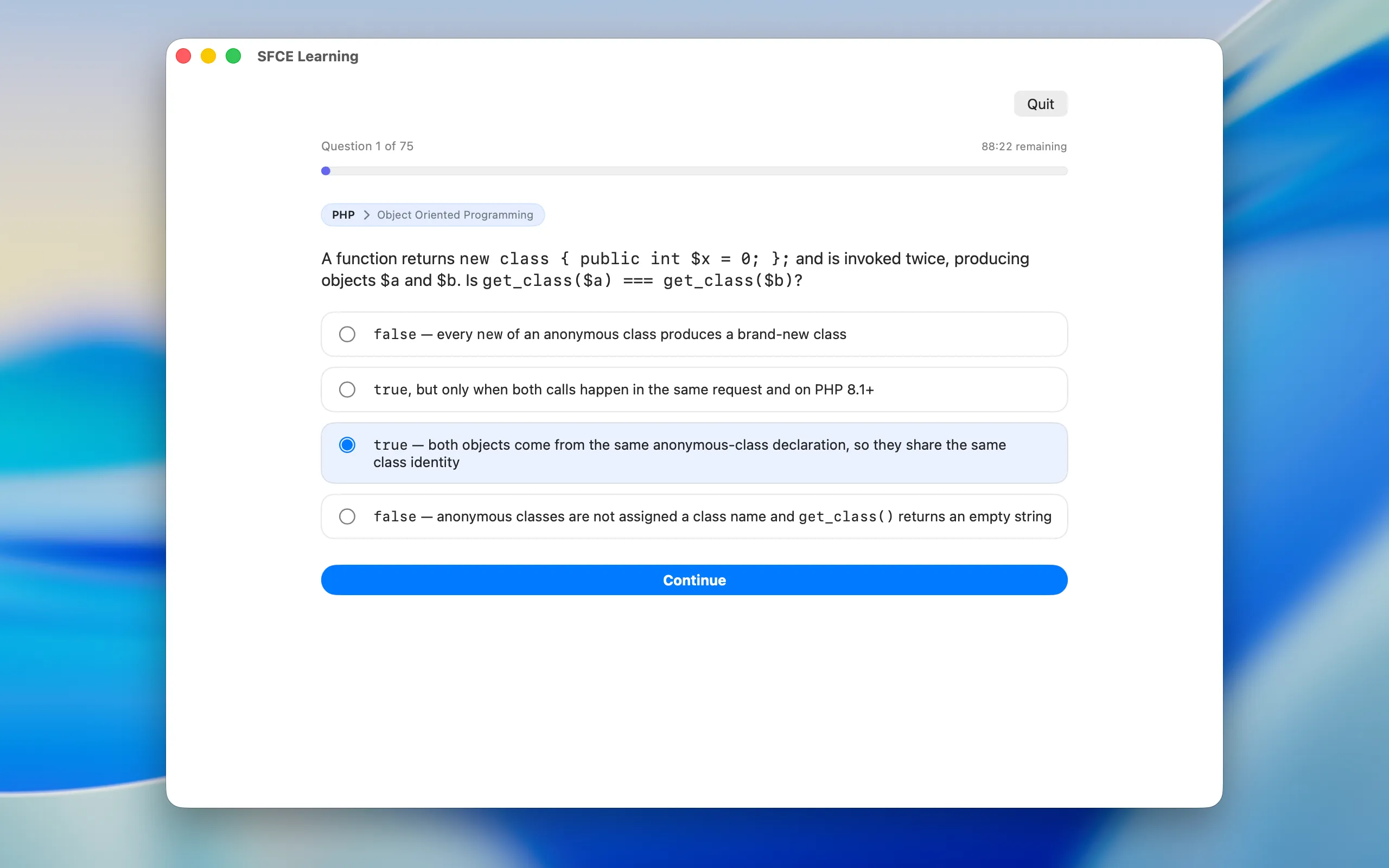 SFCE Learning quiz running on macOS